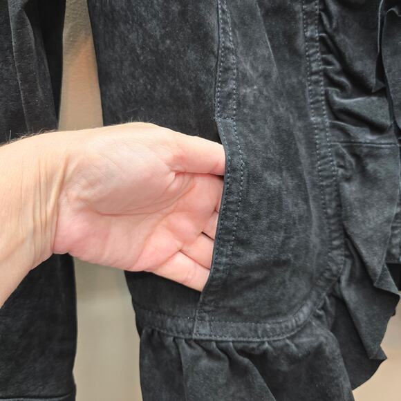 Lal Live a Little 100% Suede Leather Ruffle Front Blazer Jacket Black SZ Small - Picture 3 of 8